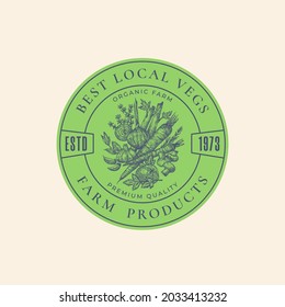 Best Local Vegetables Farm Retro Framed Badge or Logo Template. Hand Drawn Carrots, Onion, Tomato, Mushrooms and Herbs Sketch with Retro Typography. Vintage Sketch Emblem. Isolated.