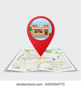 The best location bakery. Folded maps with color Point on the map with building. Vector illustration in flat style