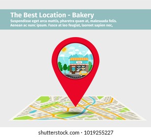 The best location bakery. Point on the map with building vector illustration