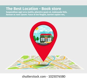 The best location book store. Point on the map with building, vector illustration