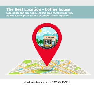 The best location coffee house. Point on the map with building, vector illustration