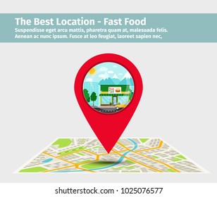 The Best Location Fast Food. Point On The Map With Building, Vector Illustration