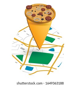 The best location pizza. Point on the map with building illustration.pizza map mark. 