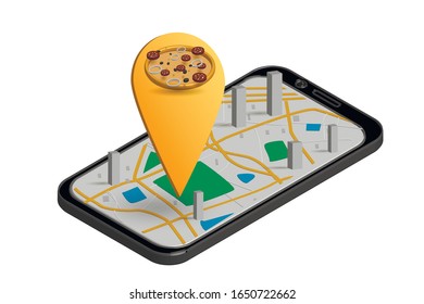 The best location pizza. Point on the map with building illustration.pizza map mark. 
