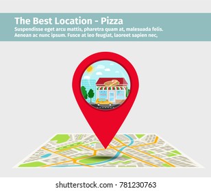 The best location pizza. Point on the map with building illustration. vector