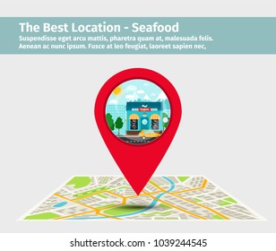 The best location seafood. Point on the map with building illustration, vector