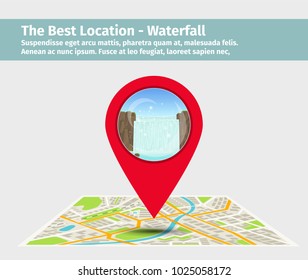 The Best Location Waterfall. Point on the map with building illustration