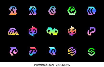 Mejor conjunto de colecciones de logotipos para el logotipo y el icono de la empresa, Resumen de formas modernas de diseño de marca del logotipo de vectores de letras futuristas utilizando el color del degradado, modificable y personalizable,