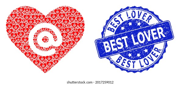 El mejor sello de sello redondo raspado de Lover y la dirección cardiaca de colaje recursivo vectorial. La marca azul contiene el texto Best Lover dentro de la forma redonda.