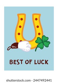 Best of Luck Postcard Template with rabbit foot, four-leaf clover and horseshoe. Best wishes. Talismans and amulets for luck doodle illustration