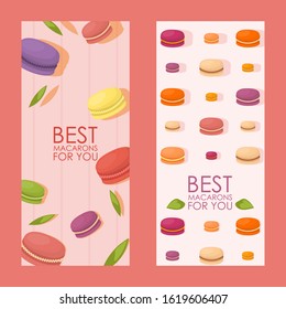 Best macarons vertical banner, vector illustration. Confectionery advertisement campaign, colorful french macaroons, pastry shop assortment, selection of delicious cookies. Traditional macaron dessert
