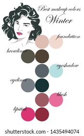 Best makeup colors for winter type of appearance. Seasonal color analysis palette. Face of young woman.