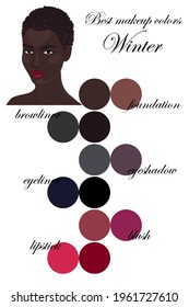 Best makeup colors for winter type of appearance. Seasonal color analysis palette. Face of beautiful black woman