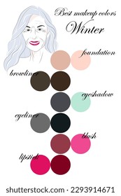 Best makeup colors for winter type of appearance. Seasonal color analysis palette. Face of a smiling attractive beautiful elderly woman.