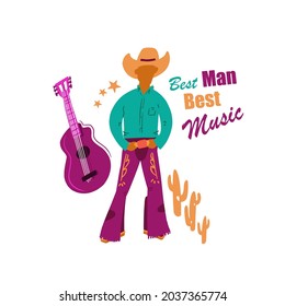 Best Man Best Music, Texas hand drawn lettering on white background. Cartoon doodle art poster, card. Cowboy with guitar. Isolated icons.