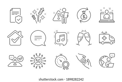 Best manager, Ambulance car and Musical note line icons set. Money exchange, 5g technology and Text message signs. Fireworks rocket, Helping hand and Job interview symbols. Line icons set. Vector