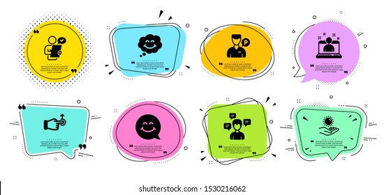 Best manager, Customer survey and Conversation messages line icons set. Chat bubbles with quotes. Sun protection, Smile face and Valet servant signs. Smile, Drag drop symbols. Vector