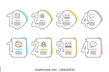 Best manager, Fastpass and Women group icons simple set. Speech bubble sign. Best developer, Entrance ticket, Lady service. Comic chat. Infographic timeline. Line best manager icon. 4 options or steps