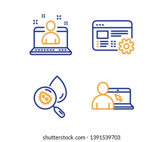 Best manager, Water analysis and Web settings icons simple set. Online education sign. Best developer, Aqua bacteria, Engineering tool. Internet lectures. Science set. Linear best manager icon