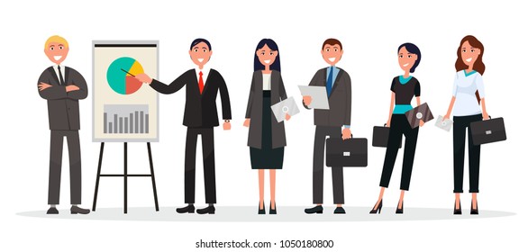 Best managers group with black briefcases, reports on paper or tablets. Vector illustration flat design of team leaders office workers