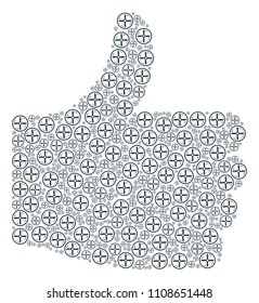 Best mark composition made from drone screw rotation components in variable sizes. Abstract vector thumb finger up illustration. Drone screw rotation icons are formed into poll figure.