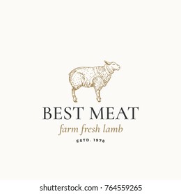 Best Meat Farm Fresh Lamb Abstract Vector Sign, Symbol or Logo Template. Hand Drawn Engraving Sheep Sillhouette with Retro Typography. Vintage Vector Emblem. Isolated.