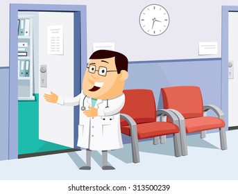 The Best Medical Health Care. Funny Doctors Private Practice. Health Center. Vaccination. Waiting Room At The Doctor. Simple Cartoon Vector Illustration.