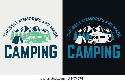 the best memories are made camping with van, mountain, vector modern logos of camping theme, suitable for apparel, mug, t-shirt design and many others, vector illustration