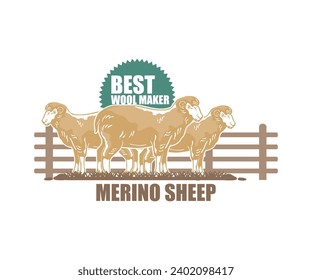 BEST MERINO SHEEP FOR WOOL PRODUCT, silhouette of happy ram at ranch vector illustrations