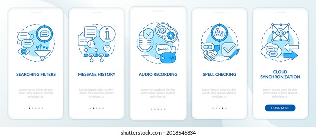 Best messaging feature blue onboarding mobile app page screen. Chat history walkthrough 5 steps graphic instructions with concepts. UI, UX, GUI vector template with linear color illustrations