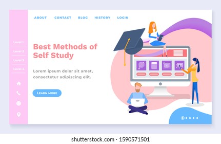 Best methods of self study, education of students. People working on laptop, watching online courses and videos online. Graduation hat on screen. Website or webpage, landing page, vector in flat style