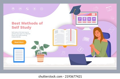 Best Methods Of Self Study Landing Page Template. Online Lecturing. Distance Learning Opportunities, Self Education, Internet Courses. E Learning Technologies. Woman Watching Video Tutorial