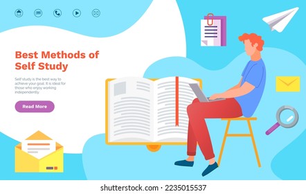 Best methods of self study landing page template. Online lecturing. E-learning technologies. Distance learning opportunities, self education, internet course. Student watching video tutorial, training