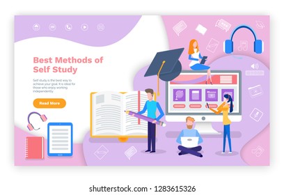 Best methods of self study online education web page vector. Student typing home assignment, laptop with screen of home tasks, smartphone earphones