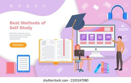 Best methods of self study, online education website lading page template. Home assignment, screen of home tasks, smartphone earphones. People working with online courses program for learning