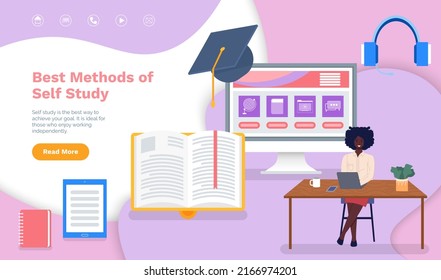 Best methods of self study, online education website template. Home assignment, screen of tasks and courses. Working with online learning program. African woman studies via Internet webpage