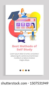 Best methods of self study vector, distance education students using laptops to get access to courses and training, graduation hat on screen. Website or app slider template, landing page flat style