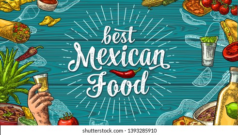 Best mexican food handwriting lettering. Sombrero, tequila, guitar, burrito, tacos, nachos, chili, agave, lime vector color vintage engraving illustration on wood texture