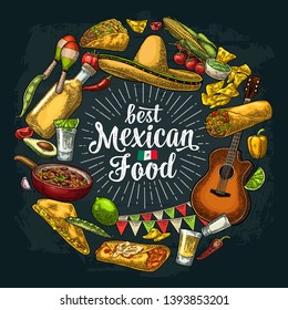 Best mexican food handwriting lettering. Circle shape set with sombrero, tequila, guitar, burrito, tacos, nachos, chili, agave, lime vector vintage engraving illustration on dark background