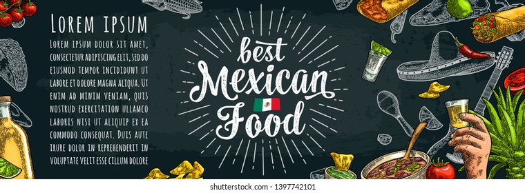 Best mexican food handwriting lettering. Sombrero, tequila, guitar, burrito, tacos, nachos, chili, agave, lime vector vintage engraving illustration on dark background