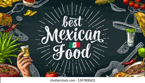 Best mexican food handwriting lettering. Sombrero, tequila, guitar, burrito, tacos, nachos, chili, agave, lime vector vintage engraving illustration on dark background