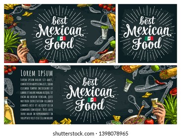 Best mexican food handwriting lettering. Sombrero, tequila, guitar, burrito, tacos, nachos, chili, agave, lime vector vintage engraving illustration on dark background