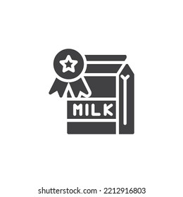 Icono vectorial de la mejor calidad de la leche. signo plano relleno para concepto móvil y diseño web. Paquete de leche con icono de glifo de insignia. Símbolo, ilustración del logotipo. Gráficos vectoriales