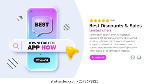 Best mobile phone banner. App chat speech bubble. Best promotion tag. Special offer Sale sign. Advertising Discounts symbol. Phone template with search bar. Download the app now. Vector