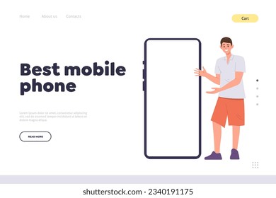 Best mobile phone landing page design template for online service presenting new model of smartphone