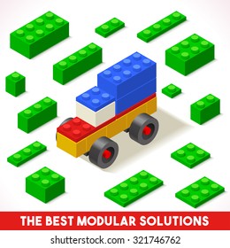 The Best Modular Solutions ads. Isometric Basic Truck Collection. Plastic Toy Blocks Tiles Set Quality Colorful Bright Vector for Web apps Web Advertising Template Logo or Banner Blue Tractor Truck