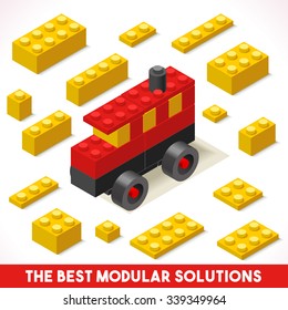 The Best Modular Solutions ads. Isometric Basic Bus Collection. Plastic Toy Blocks Tiles Set Quality Colorful Bright Vector for Web apps Web Advertising Template Logo or Banner Red Tractor Bus