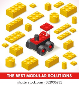 The Best Modular Solutions ads. Isometric Basic Farm Tractor Collection. Plastic Toy Blocks  Tiles Set Quality Colorful and Bright Vector Illustration for Web apps Web. Yellow Module Vehicle Slogan