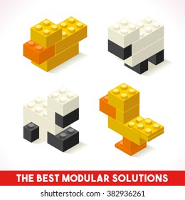 The Best Modular Solutions ads Isometric Basic Farm Animals Collection Sheep Duck Plastic Toy Blocks and Tiles Set. HD Quality Colorful and Bright Vector Illustration or Web apps Web Module Brick