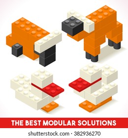 The Best Modular Solutions ads Isometric Basic Farm Animals Collection Cow and Duck Plastic Toy Blocks and Tiles Set. HD Quality Colorful and Bright Vector Illustration or Web apps Module Brick